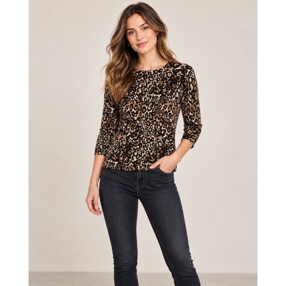 Talbots Petite Pure Cashmere Leopard Print Sweater 3/4 Sleeve Crew Neck SP Brown